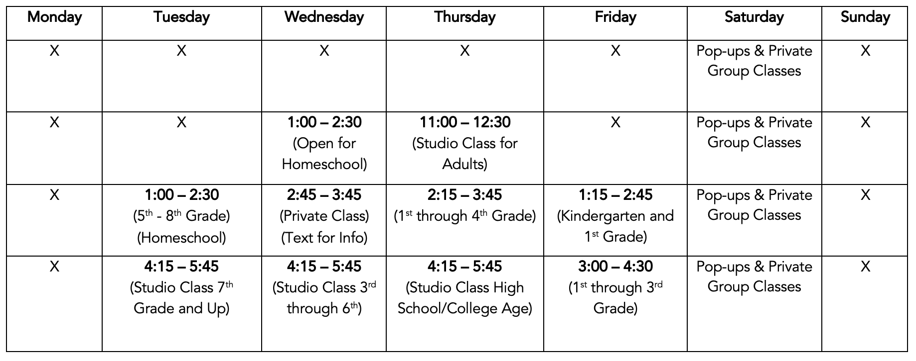 Class schedule 2024-25 school year call 760-300-0434 for info