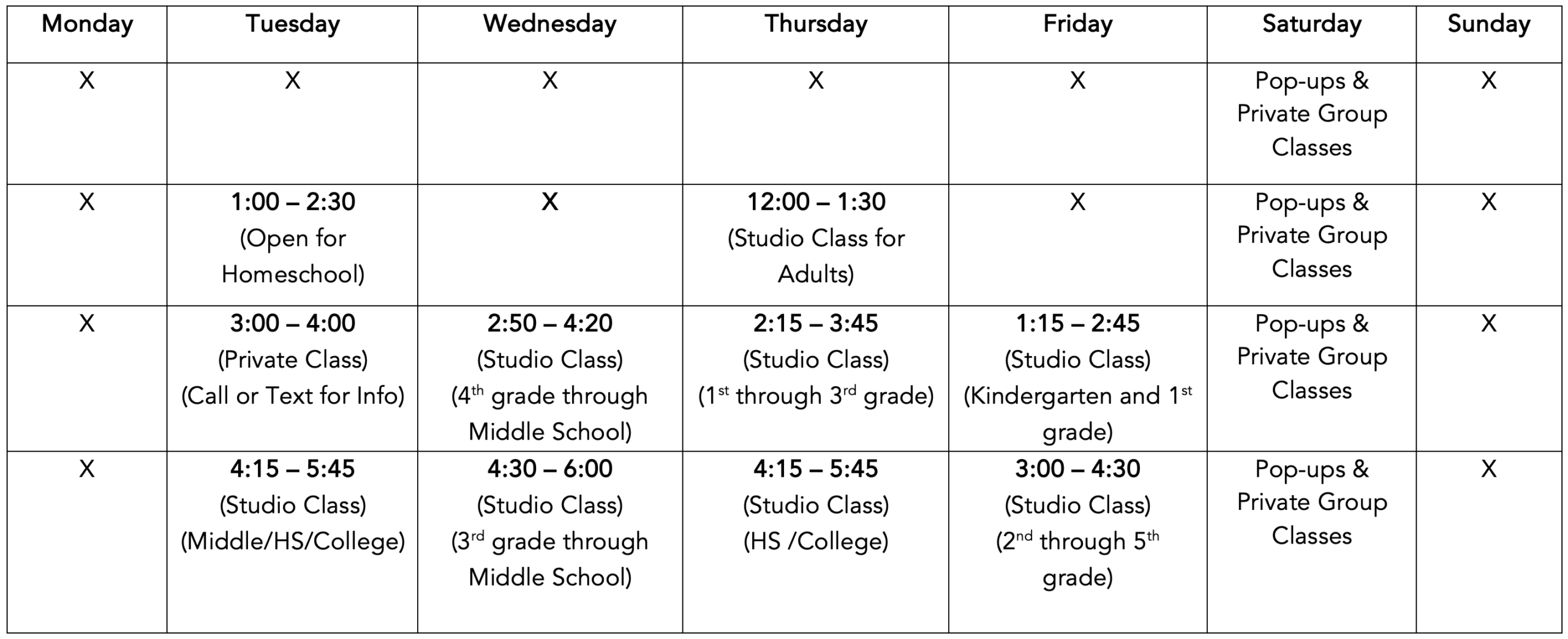 Class schedule 2024-25 school year call 760-300-0434 for info