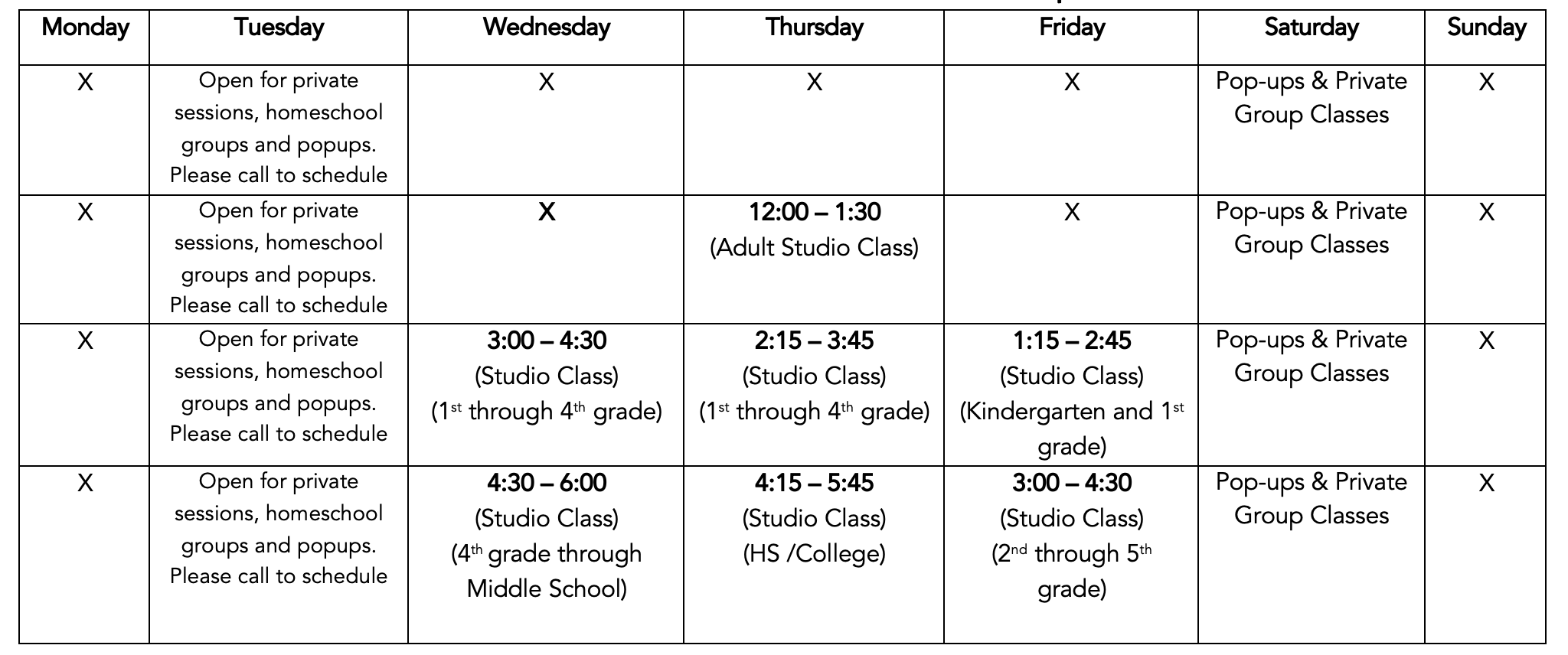 Class schedule 2024-25 school year call 760-300-0434 for info